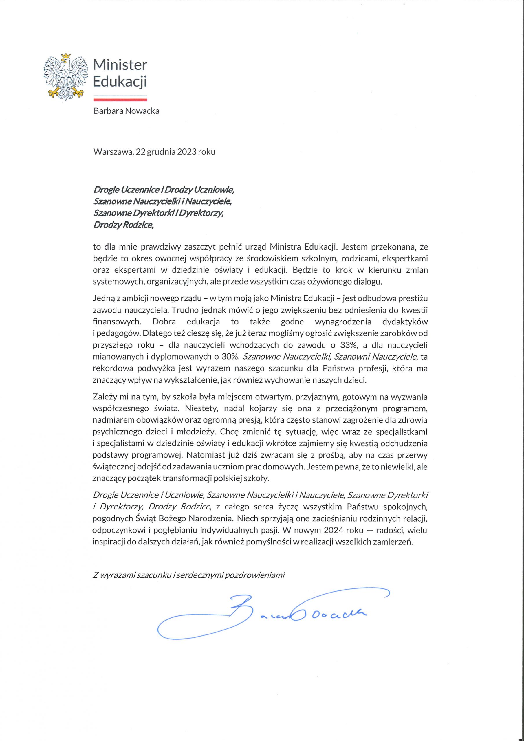 List Ministra Edukacji Barbary Nowackiej